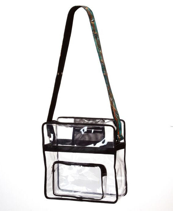Lea Black Large Clear Bag
	⁃	Black Leather Piping
-Dimensions 12“ x 12“ x 5“
-Nickel Hardware with Black Nylon Zipper Closure
	⁃	4”x 5” Inside Zipper Mesh Pocket
	⁃	8”x 6” Front Pocket with Black Zipper Closure