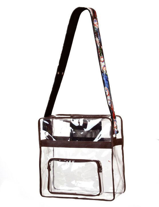Lea Brown Large Clear Bag 
	⁃	Brown Leather Piping
-Dimensions 12“ x 12“ x 5“
-Nickel Hardware with Brown Nylon Zipper Closure
	⁃	4”x 5” Inside Zipper Mesh Pocket
	⁃	8”x 6” Front Pocket with Brown Zipper Closure