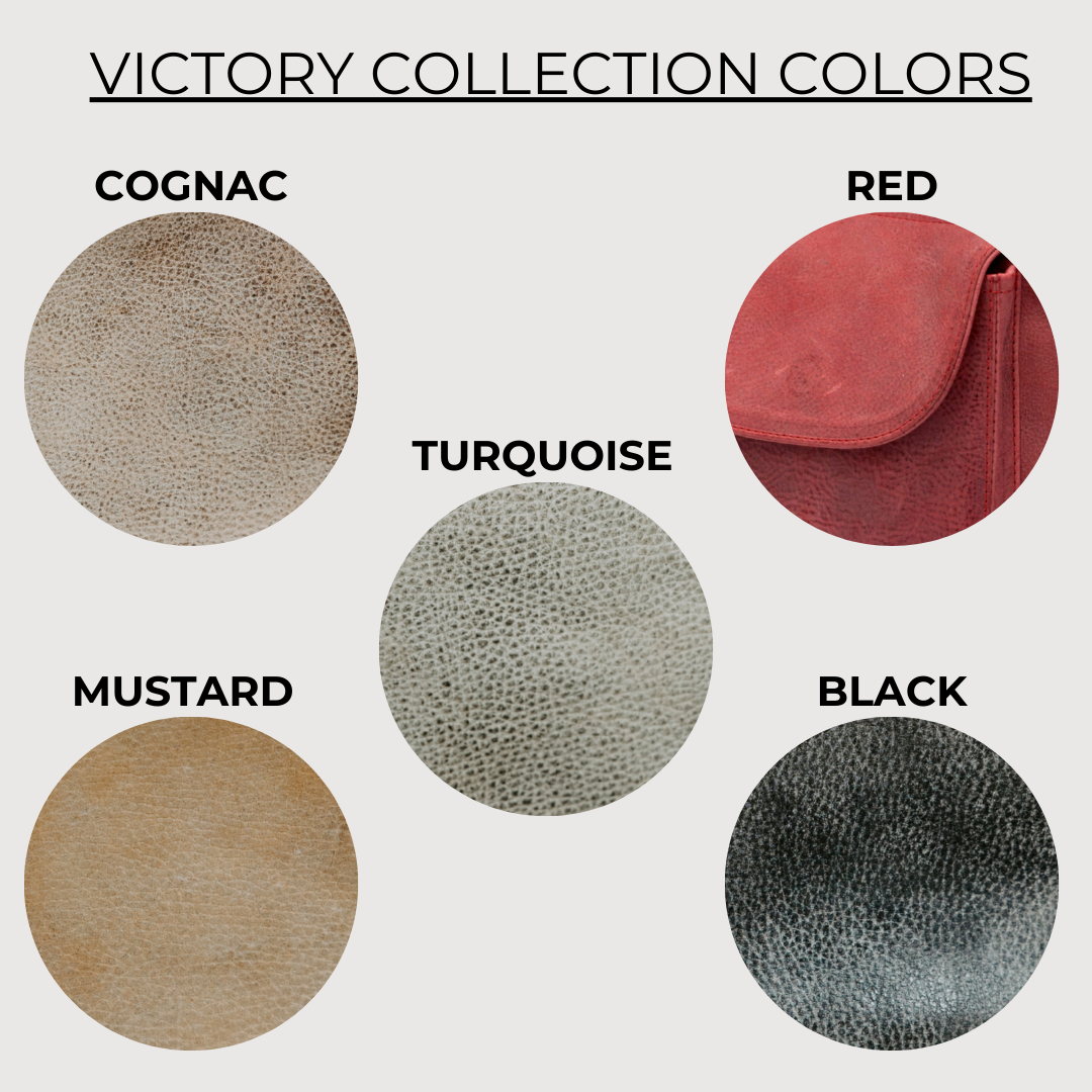 Color swatches for the Victory Collection with labels for cognac, red, turquoise, mustard, black, and a textured red item.